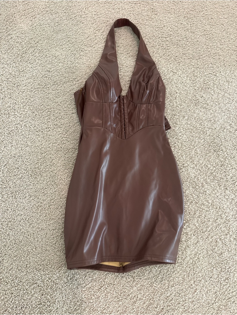 Brown Faux Leather Halter Bodycon Dress